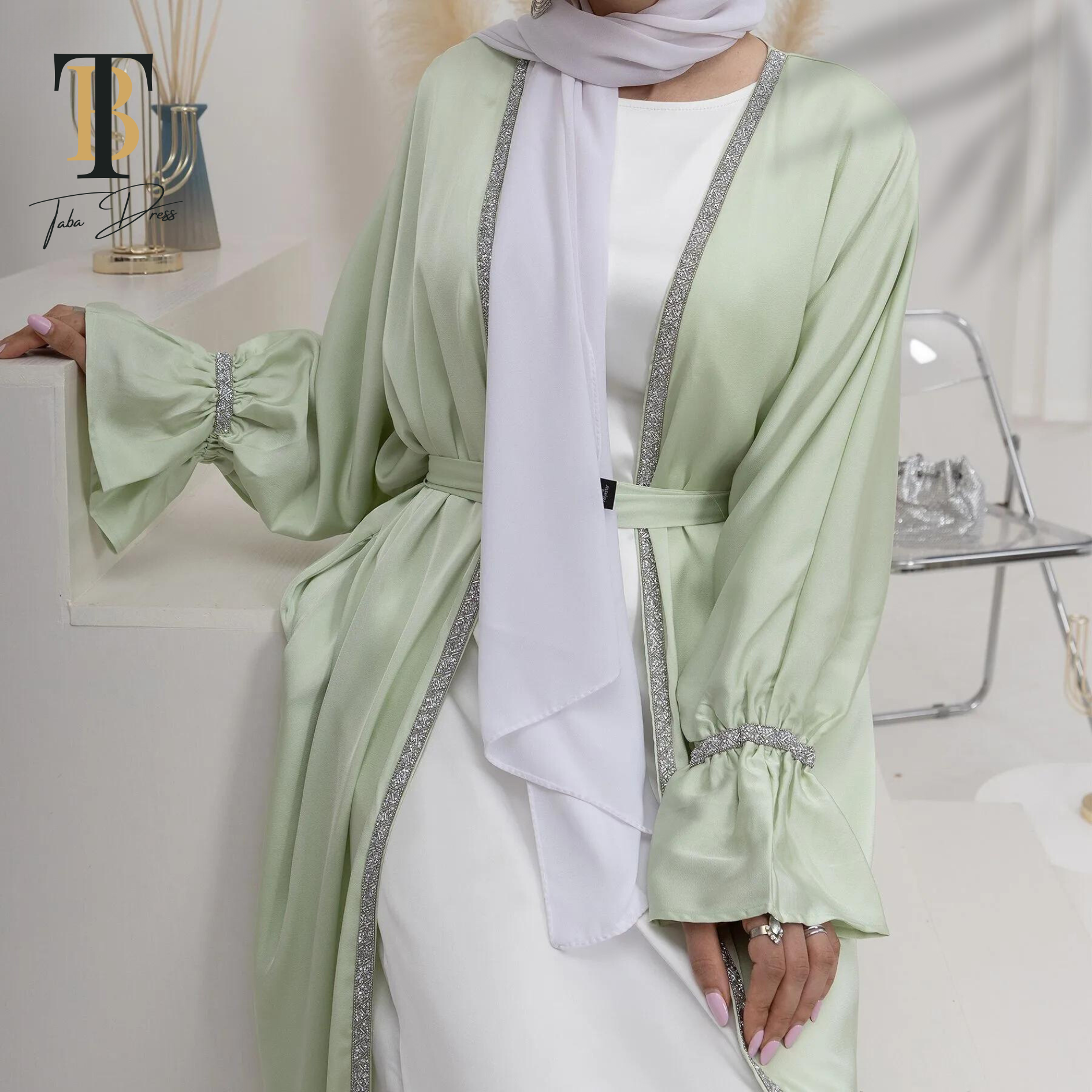 TABA Acetate Light Green Beaded Dress - Image 2