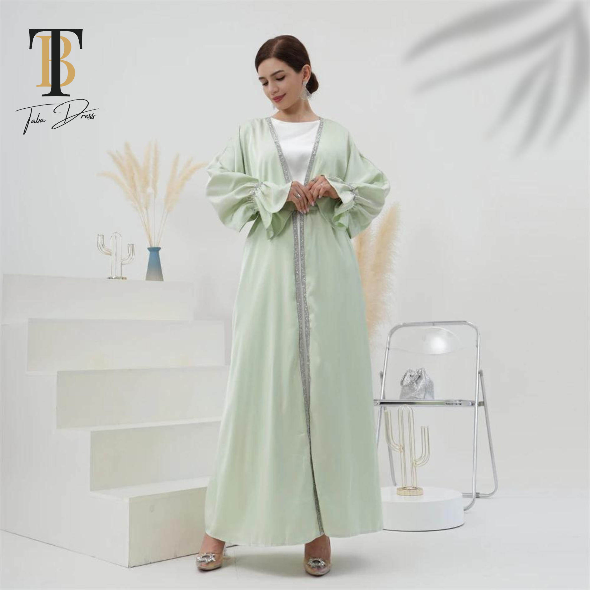 TABA Acetate Light Green Beaded Dress - Image 4