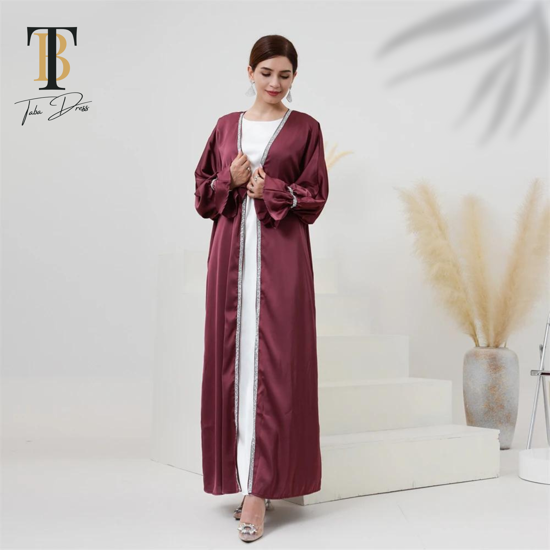 TABA Acetate Maroon Beaded Dress - Image 3