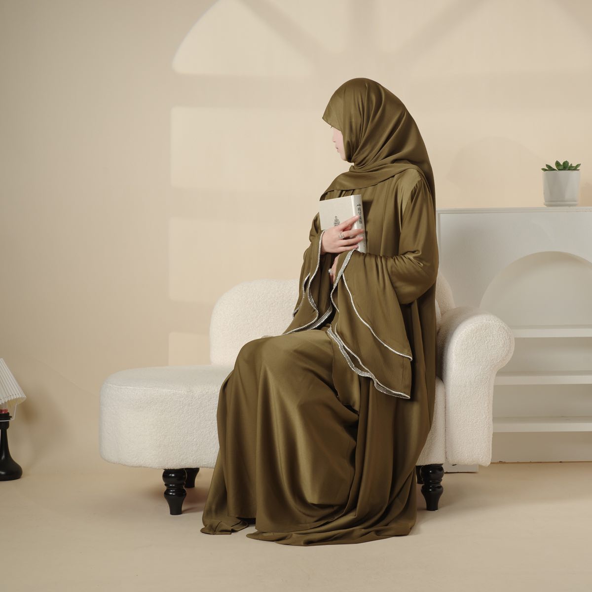 Olive Flow Modest 3Pcs Abaya Set with Elegant Drapes - Image 2