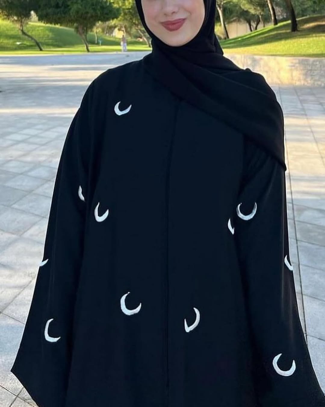 Hilals Serenity Abaya – Black with Crescent Moon Motifs with Hijab - Image 2