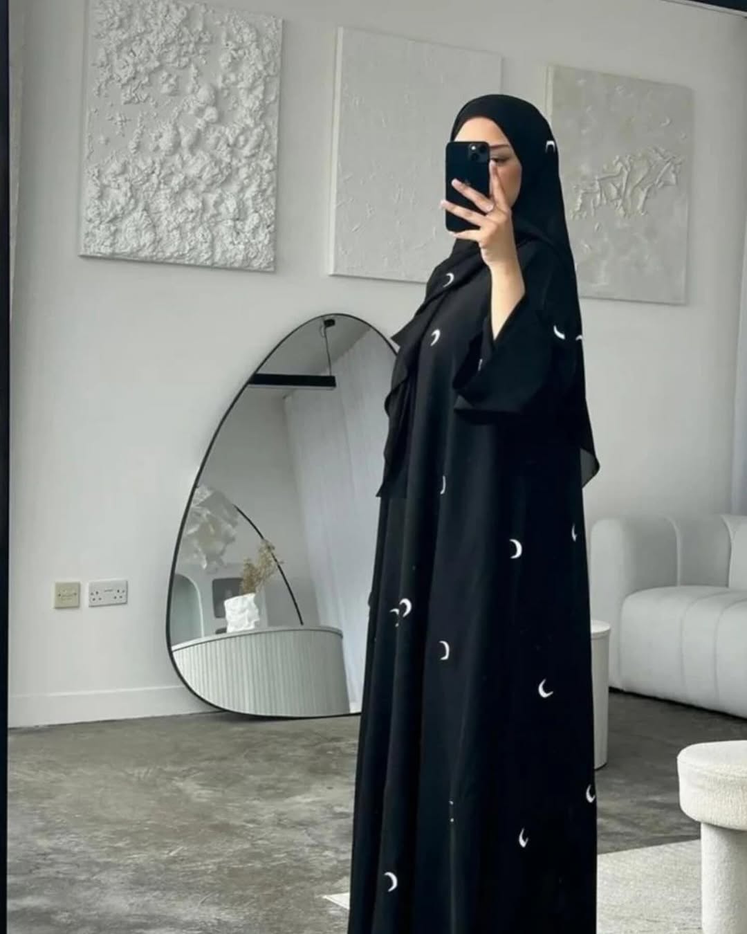 Hilals Serenity Abaya – Black with Crescent Moon Motifs with Hijab - Image 5