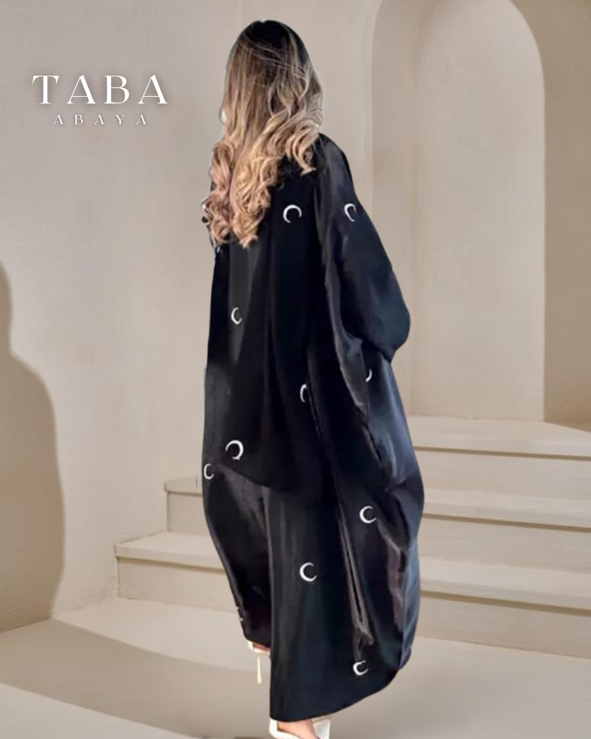 Hilals Serenity Abaya – Black with Crescent Moon Motifs with Hijab