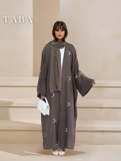 Hilals Serenity Abaya – Brown with Crescent Moon Motifs with Hijab