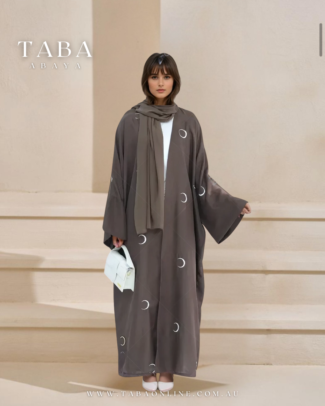 Hilals Serenity Abaya – Brown with Crescent Moon Motifs with Hijab