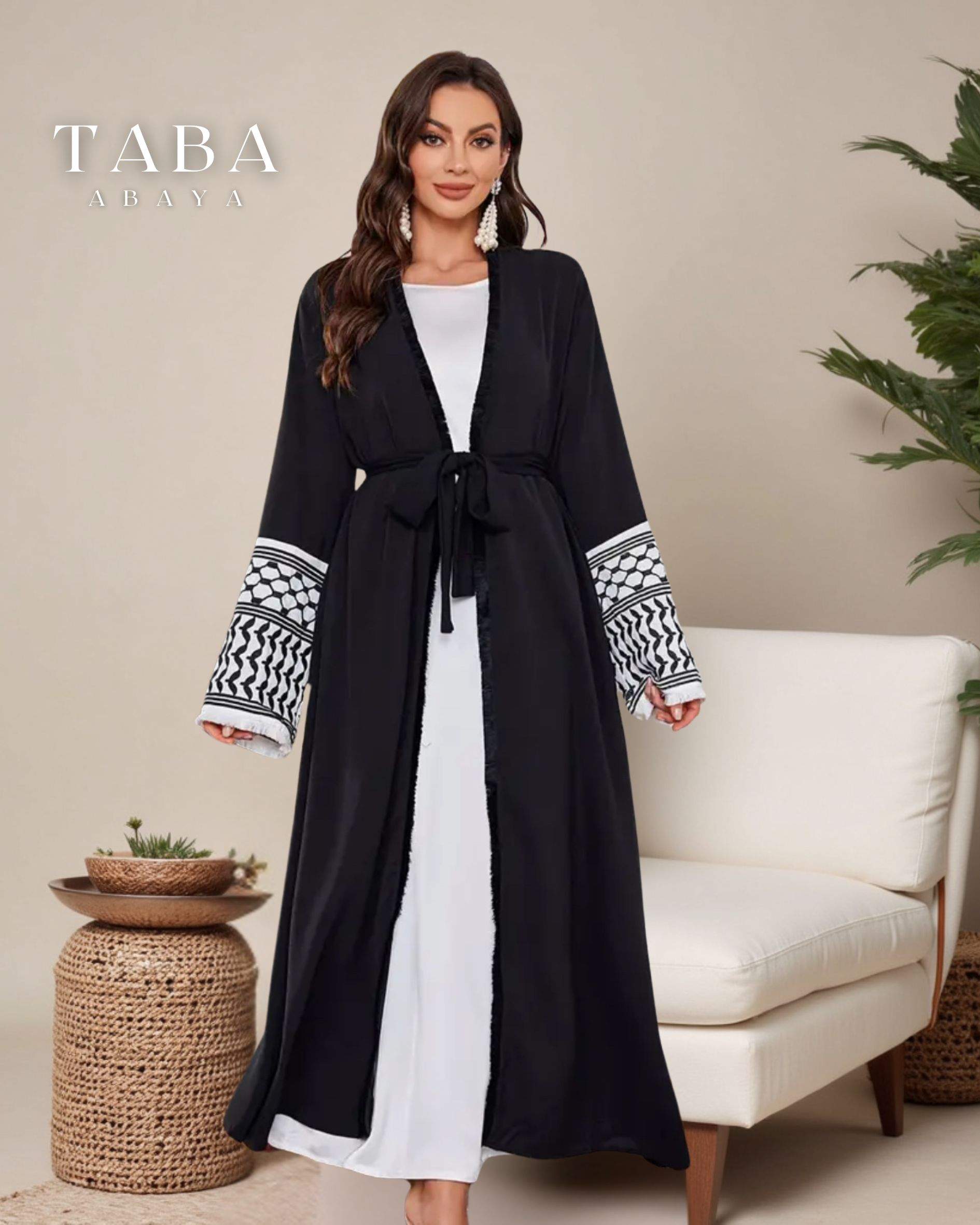Palestinian Keffiyeh Sleeve Open Cardigan Abaya