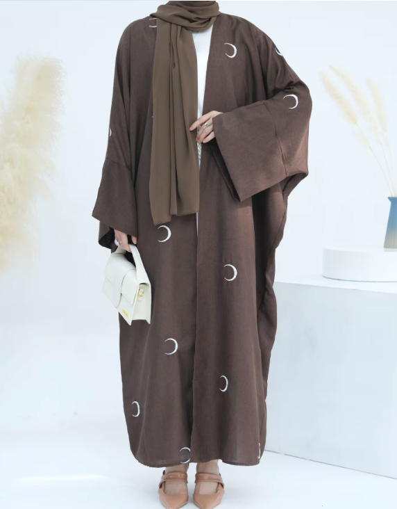 Hilals Serenity Abaya – Brown with Crescent Moon Motifs with Hijab - Image 2