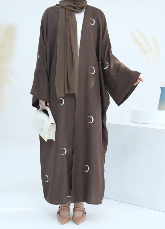 Hilals Serenity Abaya – Brown with Crescent Moon Motifs with Hijab - Image 3