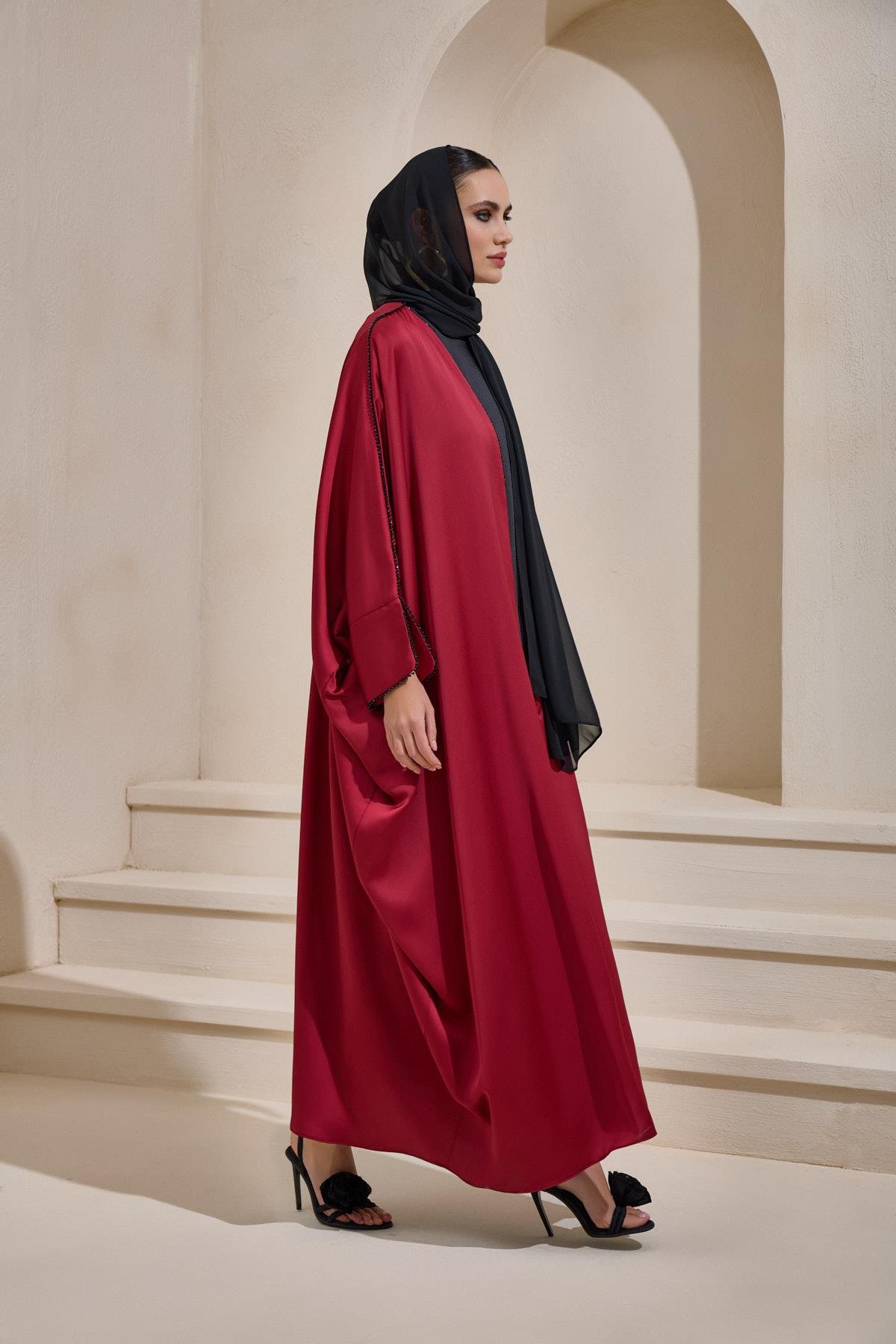 TABA Royale Satin Abaya Set - Burgundy - Image 3