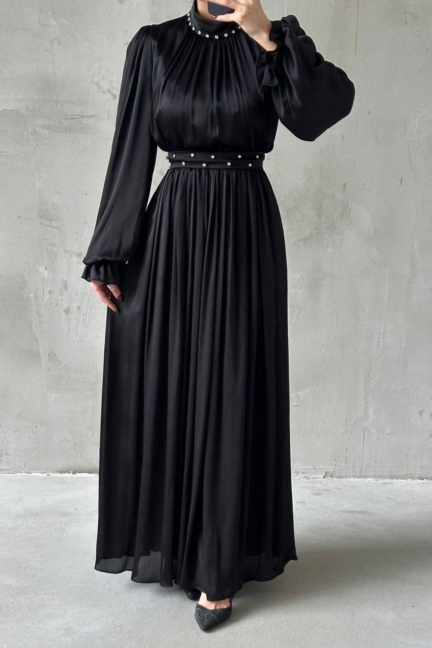 TABA Noir Pearl Gown – Satin Modest Elegance - Image 2