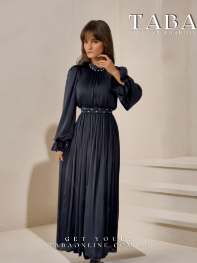 TABA Noir Pearl Gown – Satin Modest Elegance