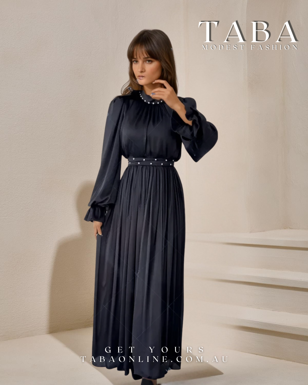 TABA Noir Pearl Gown – Satin Modest Elegance