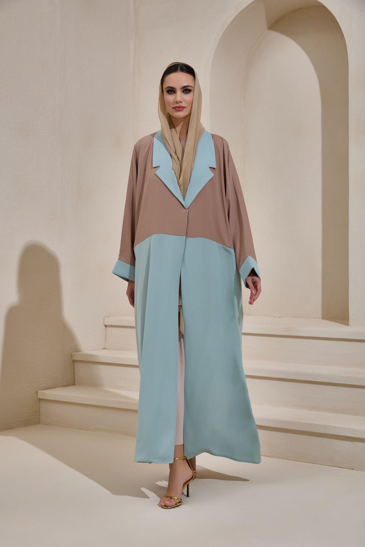 TABA Bianco Contrast Abaya Set – Mint & Mocha