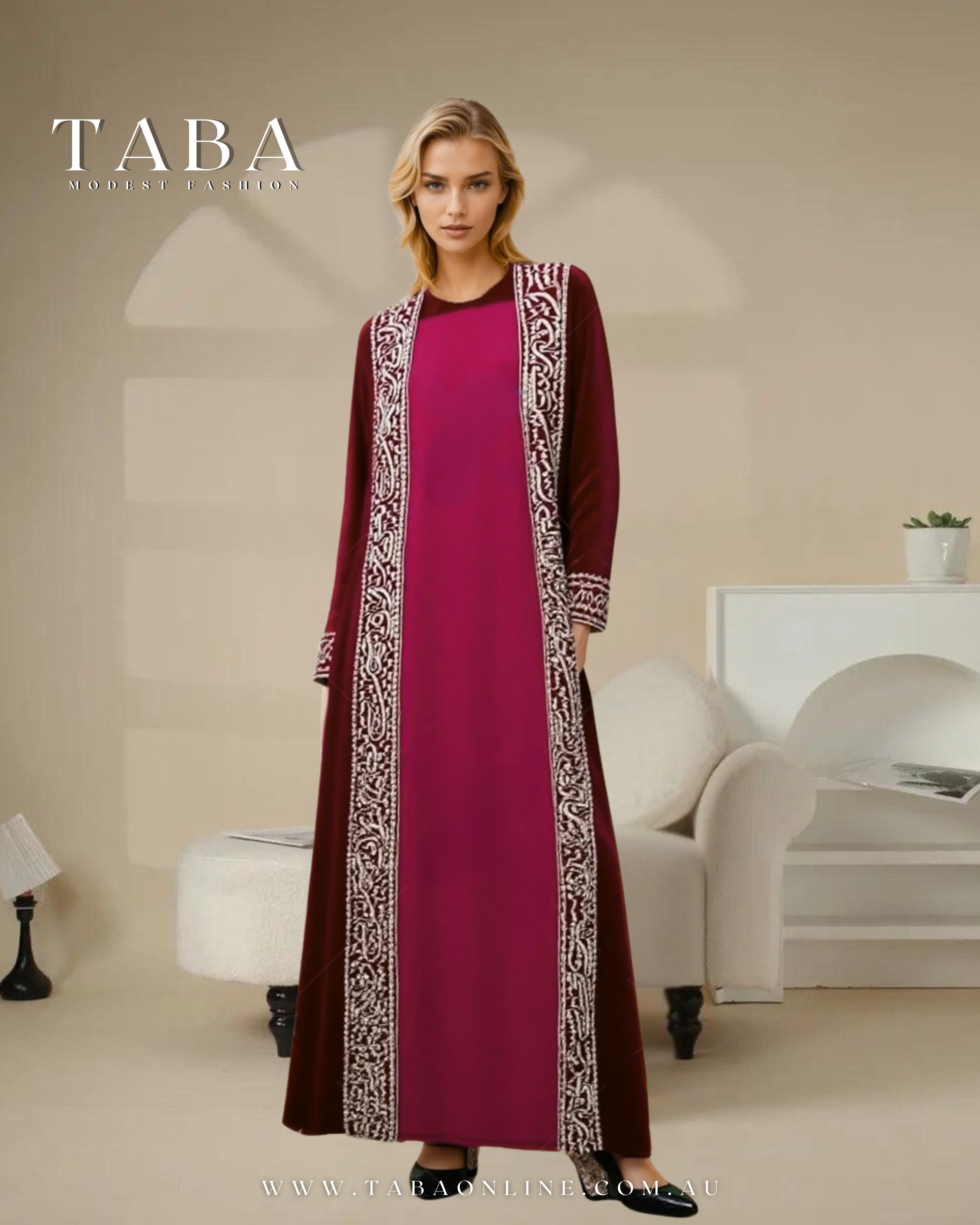 TABA Imperial Maroon Velvet Abaya