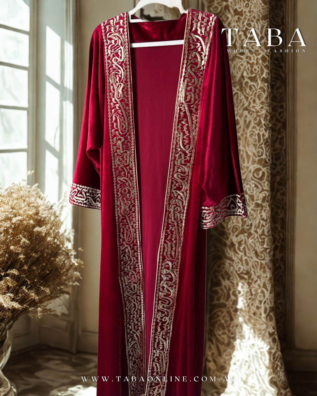 TABA Imperial Maroon Velvet Abaya - Image 3