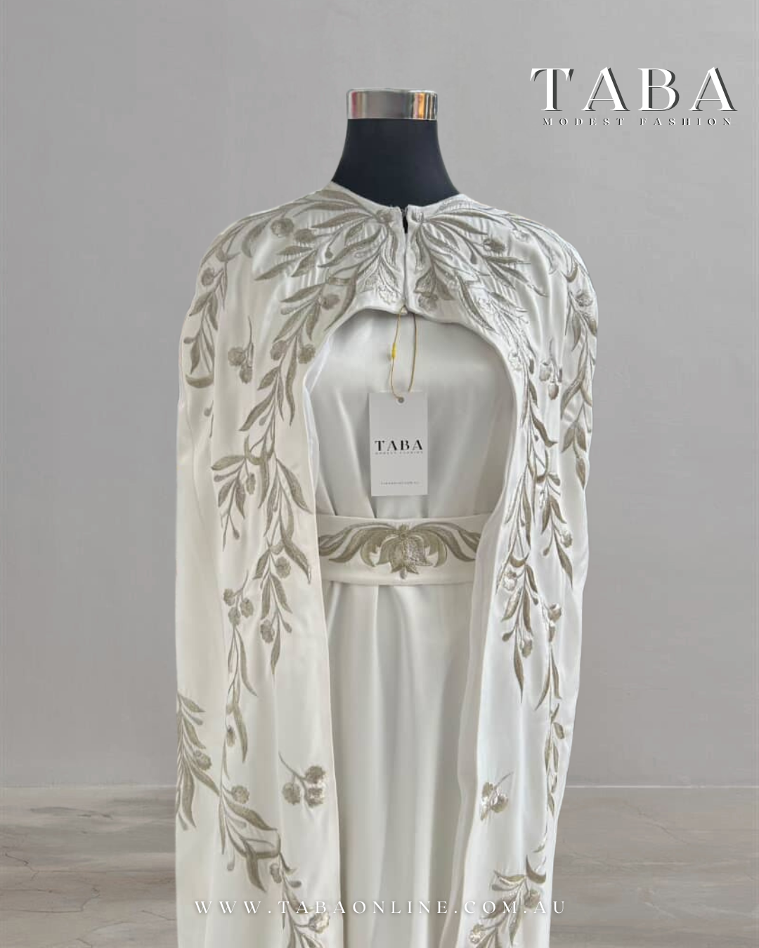 TABA Imperial Cape Gown – Embroidered White Elegance - Image 2