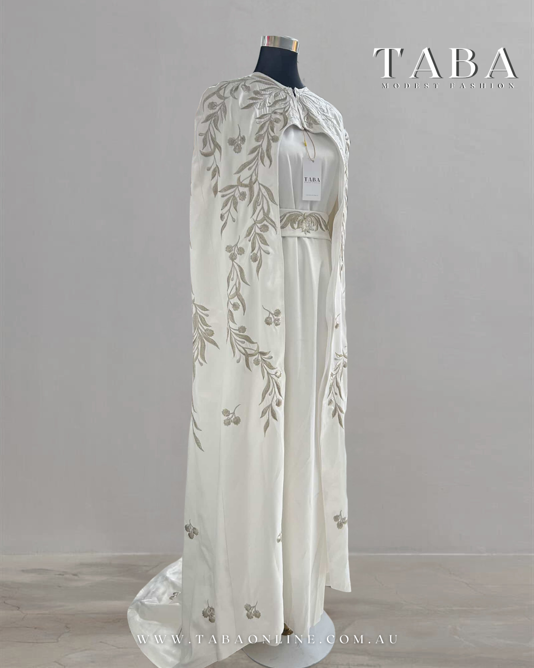 TABA Imperial Cape Gown – Embroidered White Elegance - Image 3