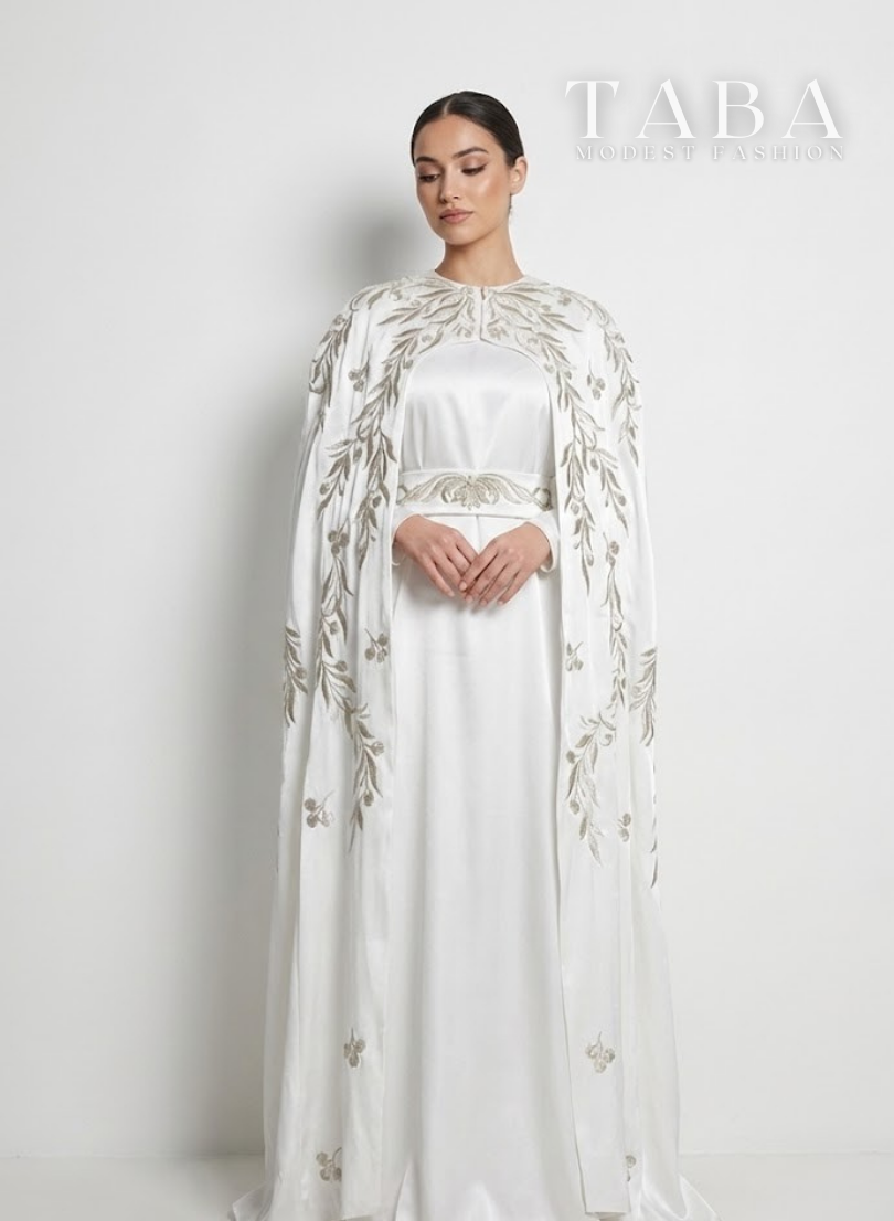 TABA Imperial Cape Gown – Embroidered White Elegance