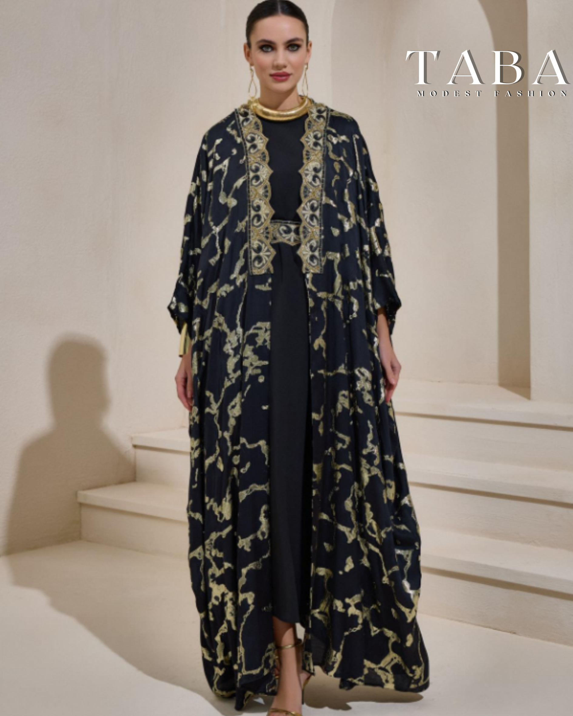 TABA Layali Luxe Abaya – Black & Gold Edition